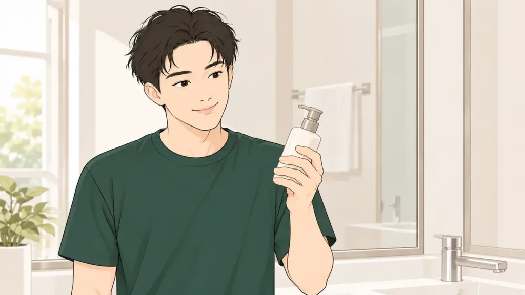 洗面所でポンプ式のボトル1本を手に持ち、うれしそうにしている男性