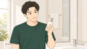 洗面所でポンプ式のボトル1本を手に持ち、うれしそうにしている男性