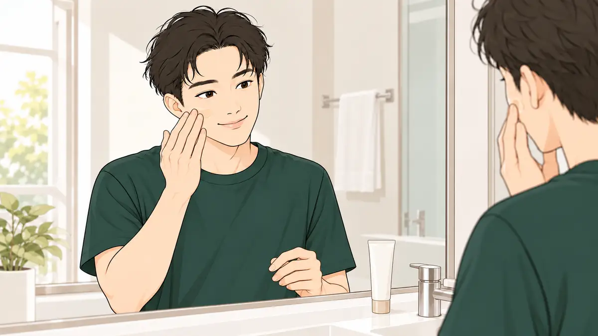 洗面台の鏡の前で、指先のBBクリームをほおにのばす男性
