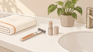 洗面台に置かれたT字カミソリとコンシーラー、たたんだタオルと観葉植物のイラスト