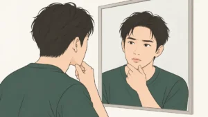 鏡の前で、あごのヒゲを気にして手でさわる男性