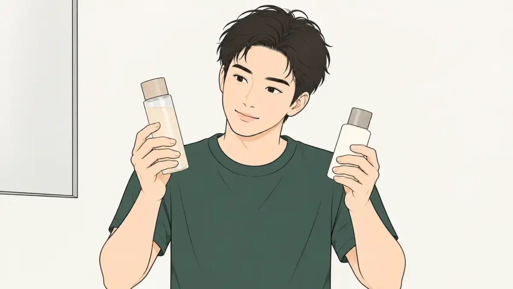 化粧水と乳液のボトルを見くらべる男性