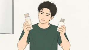 化粧水と乳液のボトルを見くらべる男性
