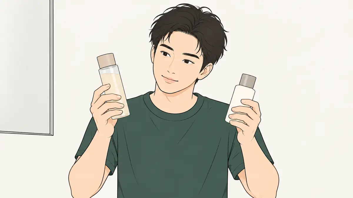 化粧水と乳液のボトルを見くらべる男性