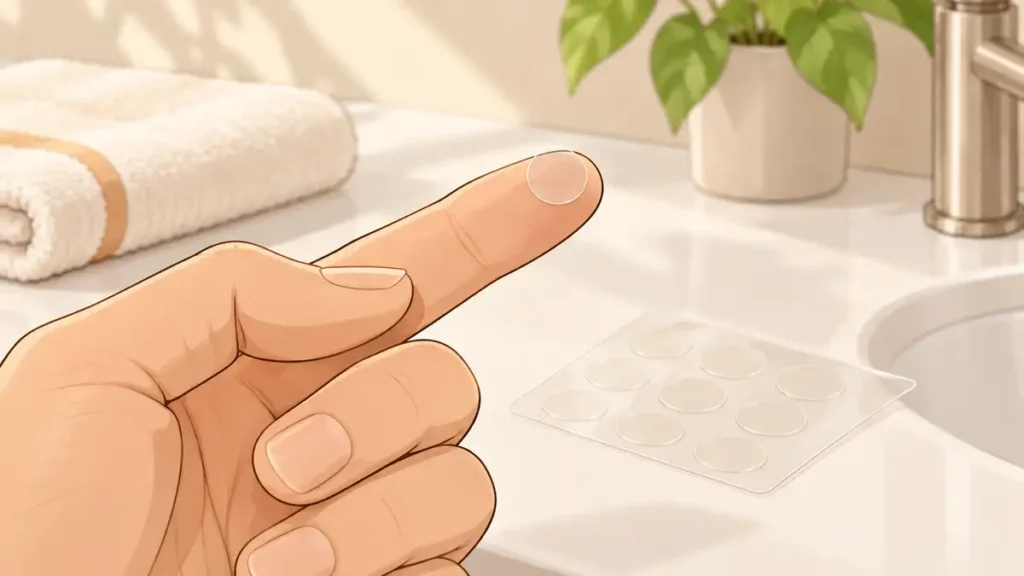 指先にのせた透明なニキビパッチと、洗面台に置かれたパッチのシート