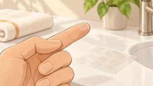 指先にのせた透明なニキビパッチと、洗面台に置かれたパッチのシート