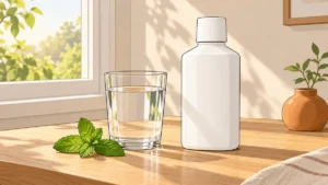 朝の窓辺の木のテーブルに置かれた、水の入ったグラスと白いボトル、ミントの葉
