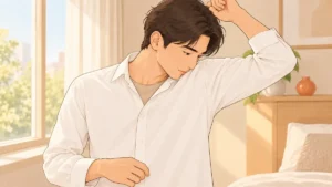 白いシャツを着た男性が、朝の部屋でワキのニオイを確かめている
