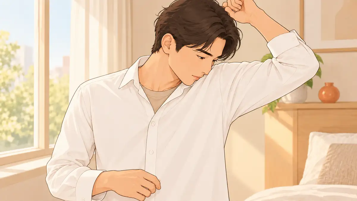 白いシャツを着た男性が、朝の部屋でワキのニオイを確かめている