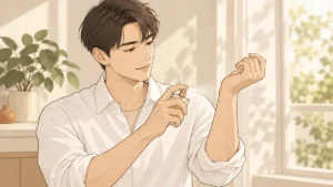 白いシャツの男性が、窓辺で手首に香水を1プッシュしているイラスト