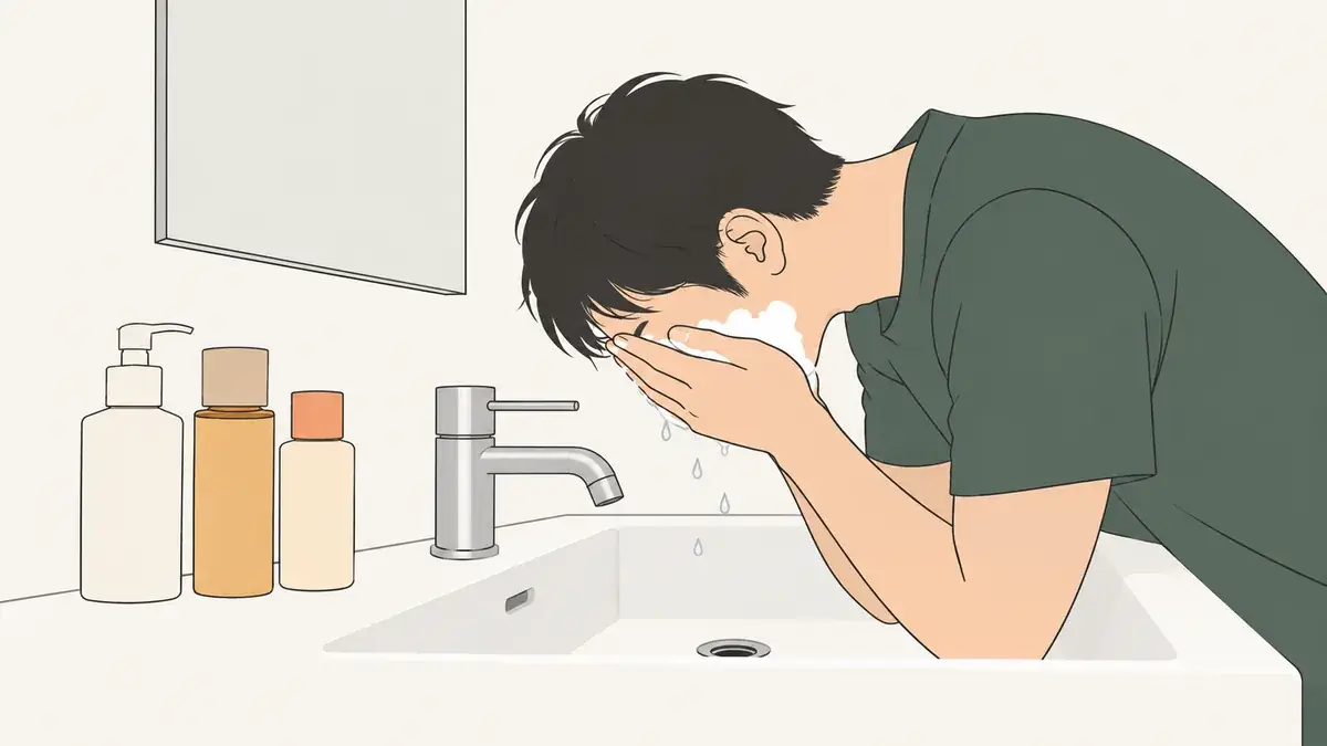 洗面台で泡を使って顔を洗う男性。横に洗顔料・化粧水・乳液のボトルが並んでいる