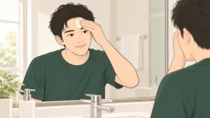 洗面台の鏡の前で、あぶらとり紙でおでこを軽く押さえる男性