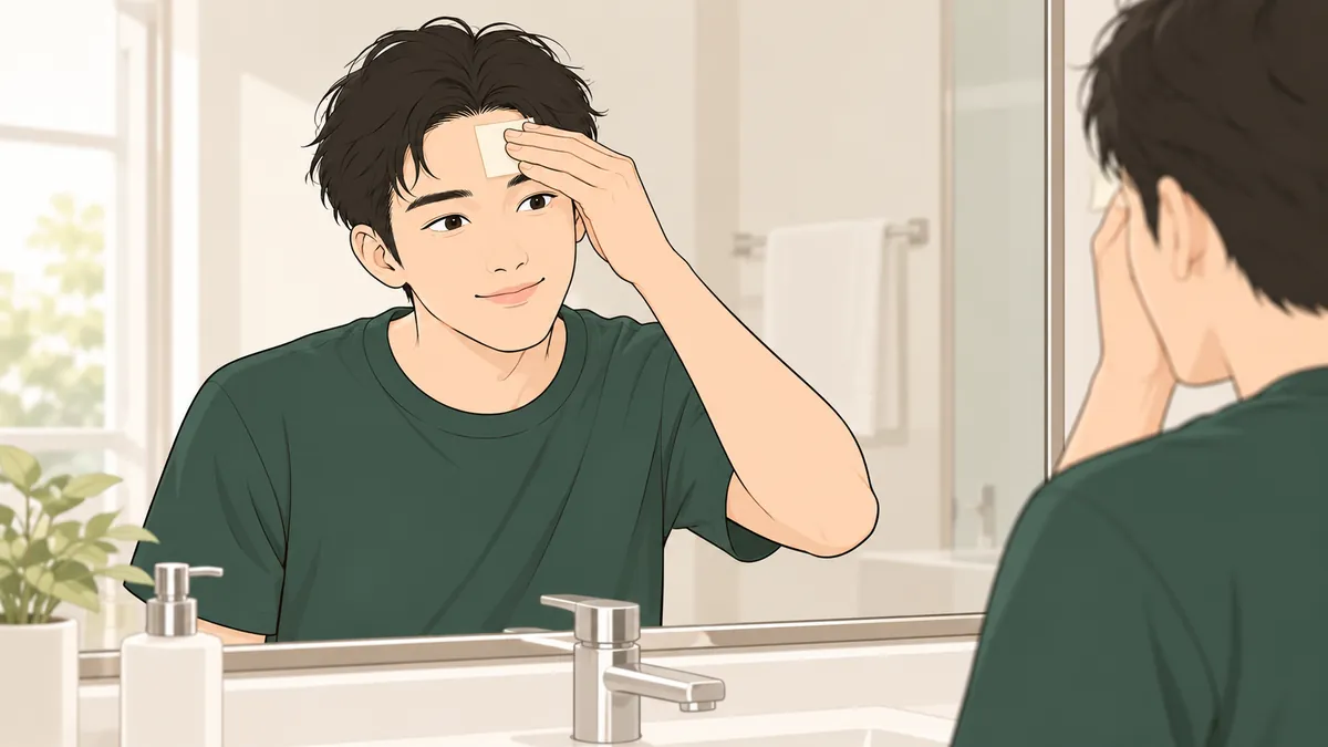 洗面台の鏡の前で、あぶらとり紙でおでこを軽く押さえる男性