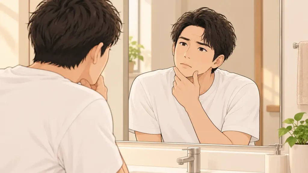 洗面台の鏡の前で、あごに手をあてて肌のようすを気にしている男性
