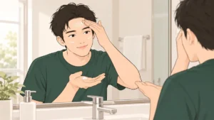 洗面台の鏡の前で、手のひらの日焼け止めを顔にのばす男性